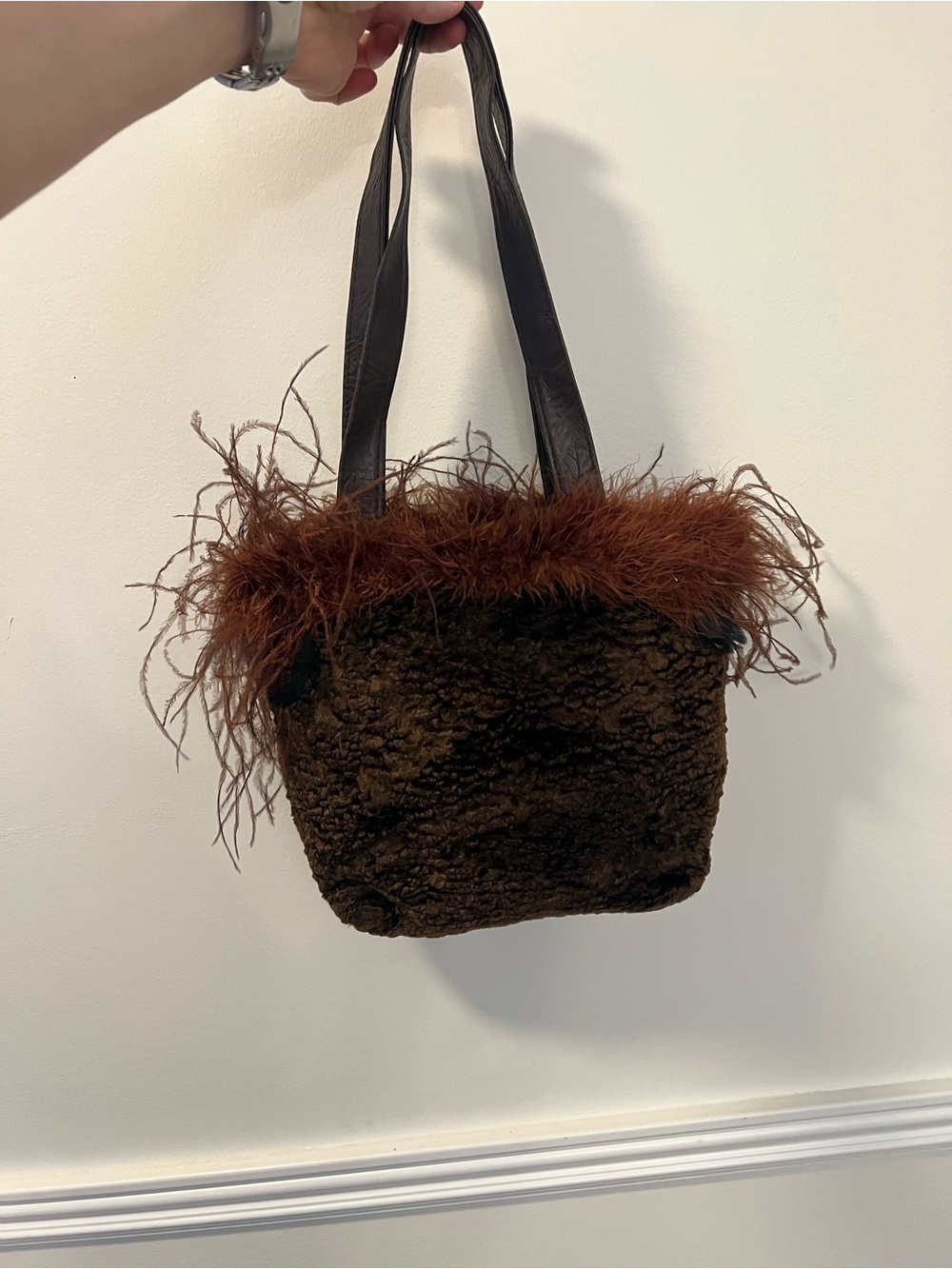 Faux Shearling Tote with Feather Trim - Brown 90s Y2K purse fuzzy furry purse - Picture 2 of 8